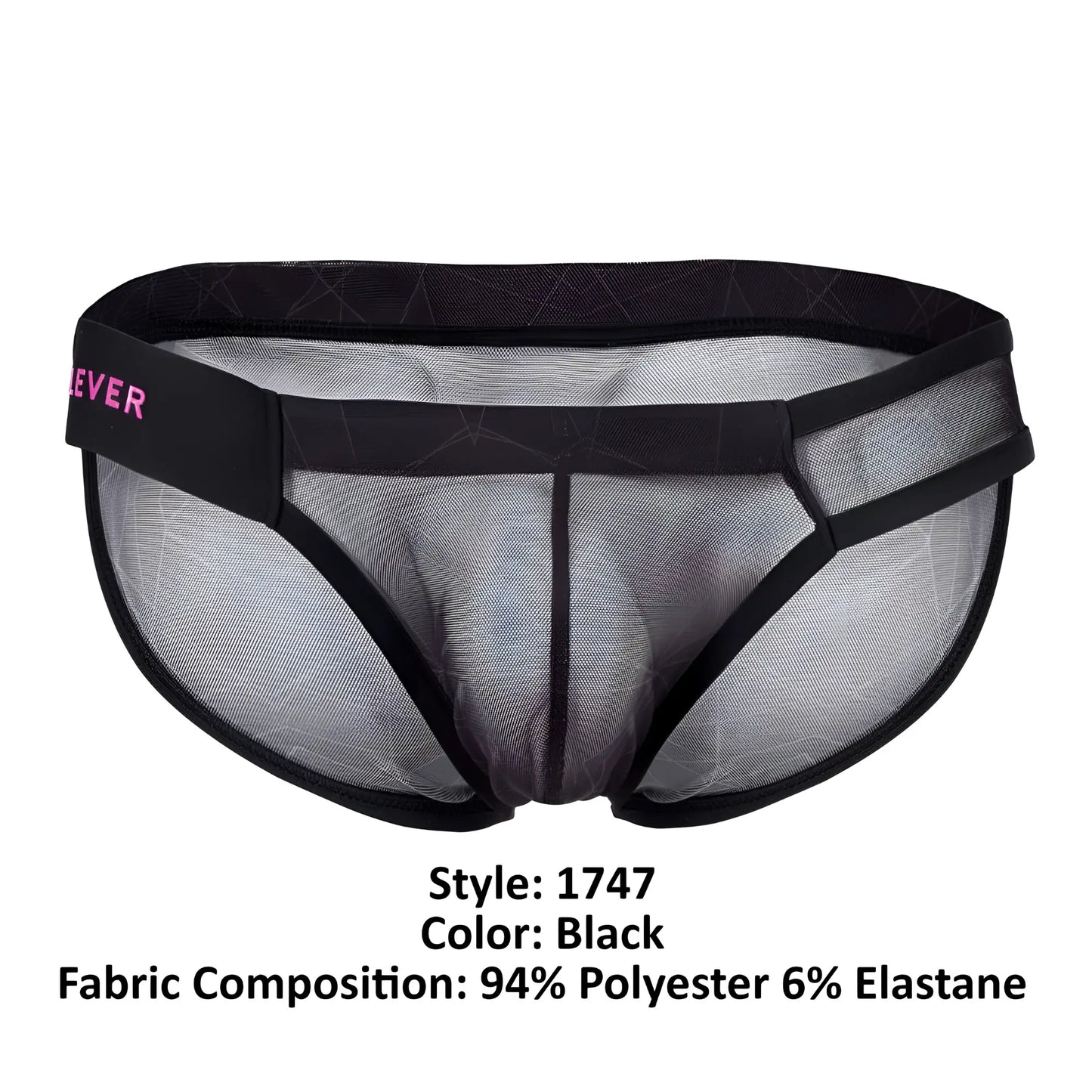 Black mesh briefs with a solid black waistband featuring pink ever branding from clever 1747 geometric bikini color black
