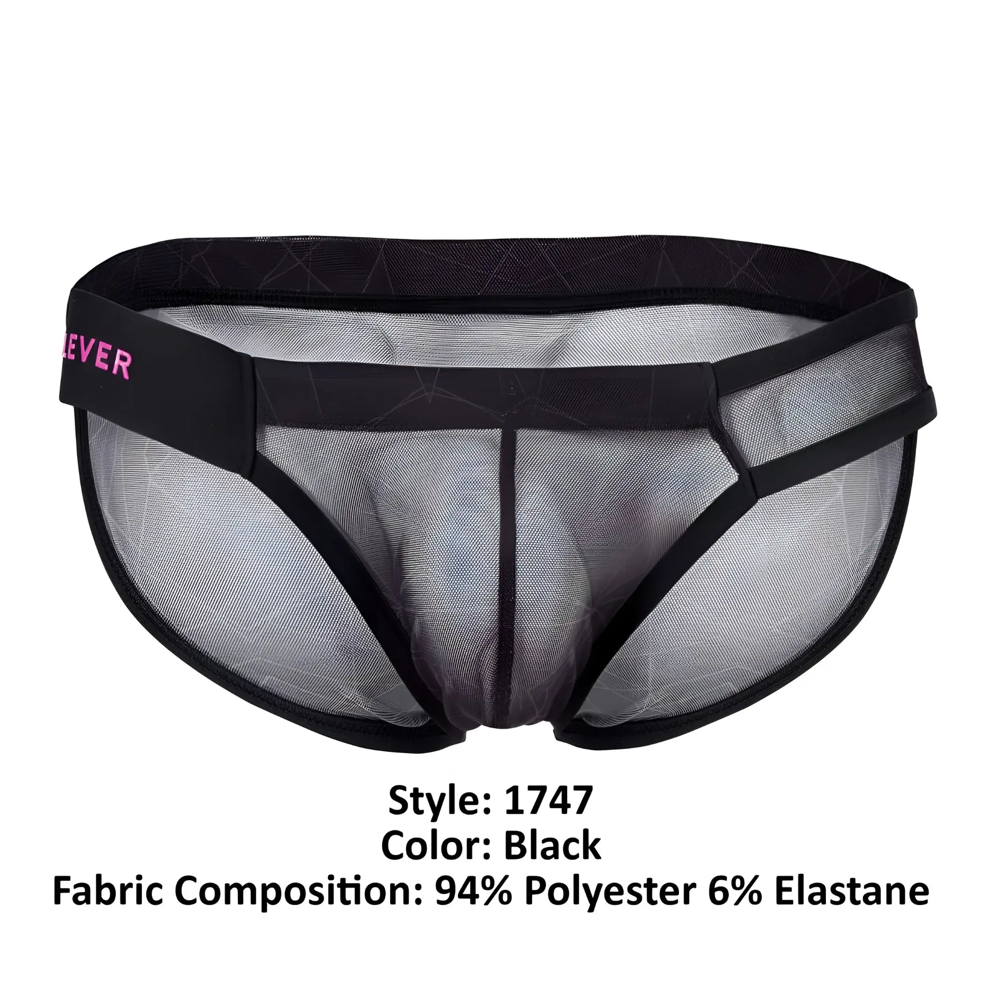 Black mesh briefs with a solid black waistband featuring pink ever branding from clever 1747 geometric bikini color black