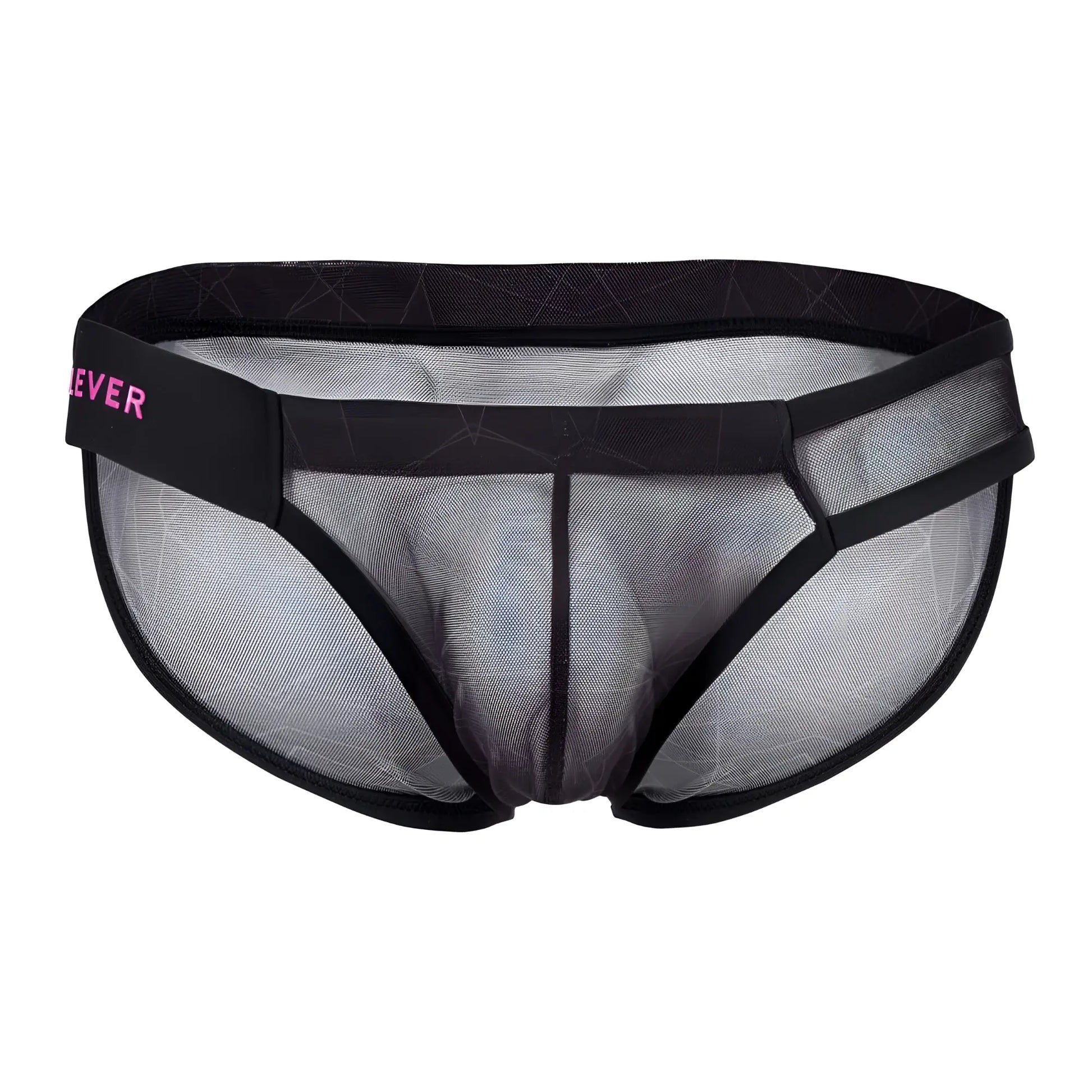Black mesh briefs with subtle geometric pattern and pink ever branding on waistband clever 1747 geometric bikini