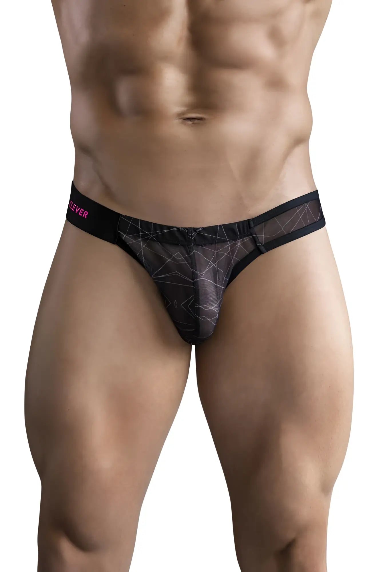 Black mesh thong bikini with geometric pattern and pink clever branding on the waistband front side view