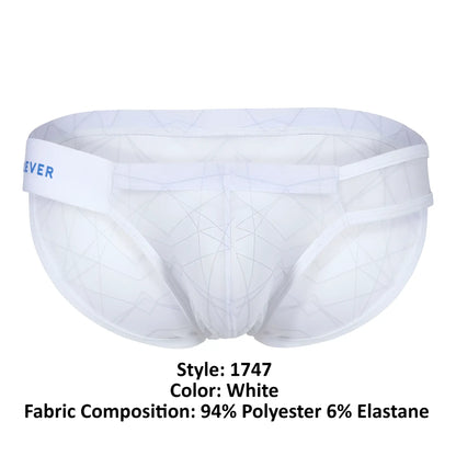White mesh briefs with a subtle geometric pattern and a clever branded waistband in white color
