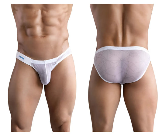 White sheer mesh briefs with geometric pattern and white elastic waistband featuring clever brand logo in blue