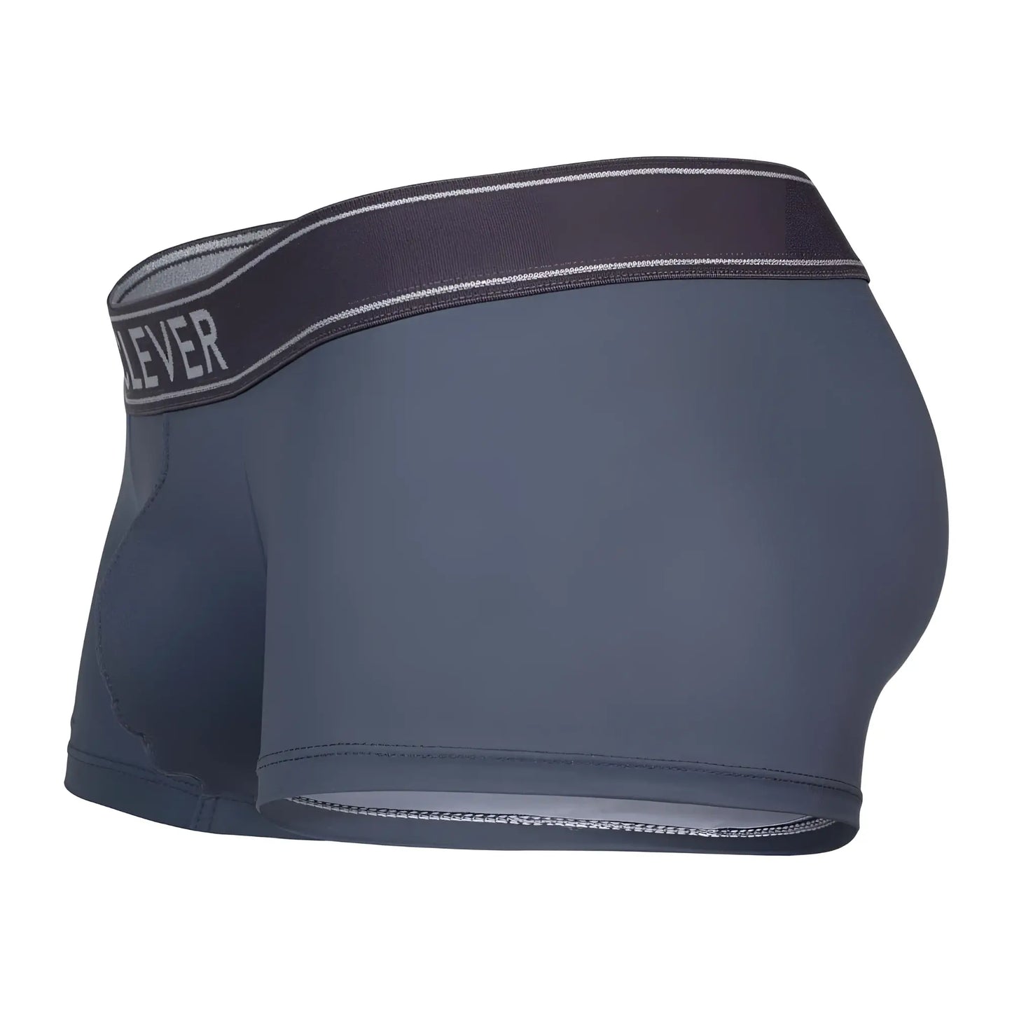 Dark gray form-fitting clever 1751 craftiness trunks boxer briefs with matching lever elastic waistband in white lettering