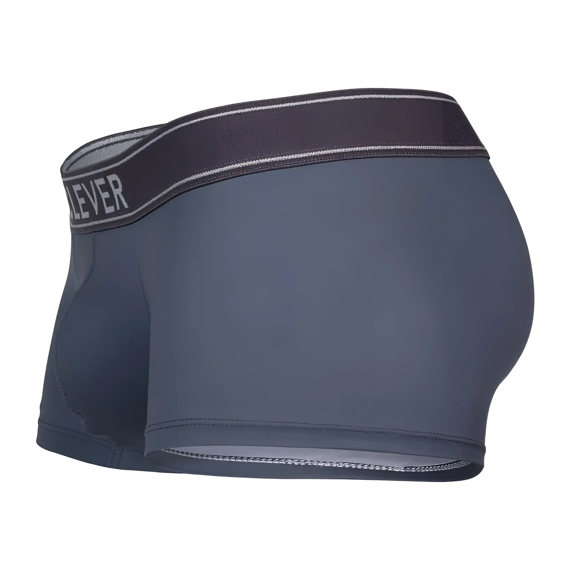 Dark gray form-fitting clever 1751 craftiness trunks boxer briefs with matching lever elastic waistband in white lettering