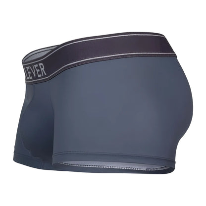 Dark gray form-fitting clever 1751 craftiness trunks boxer briefs with matching lever elastic waistband in white lettering