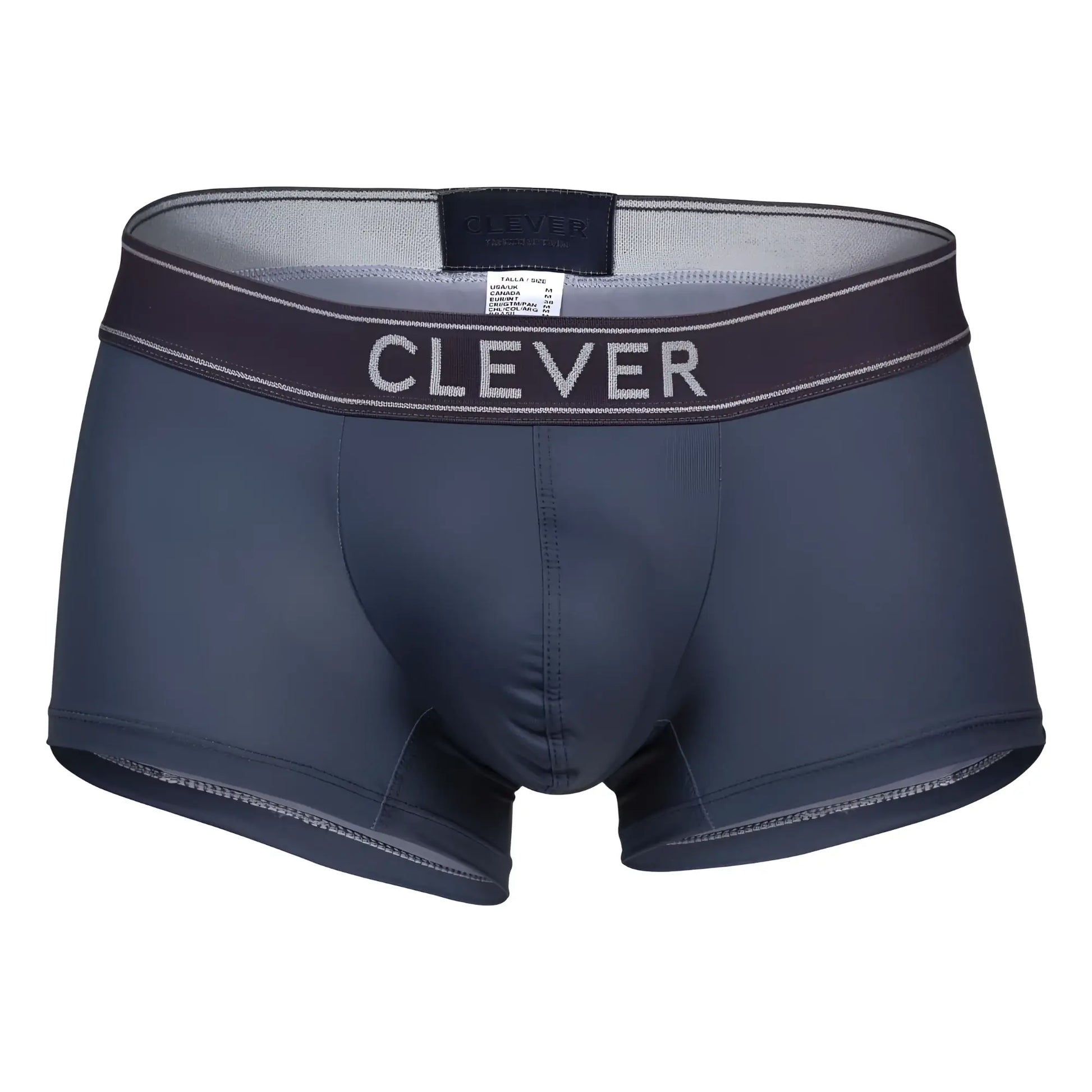Dark gray clever 1751 craftiness trunks men’s boxer briefs with matching waistband and white clever logo lettering