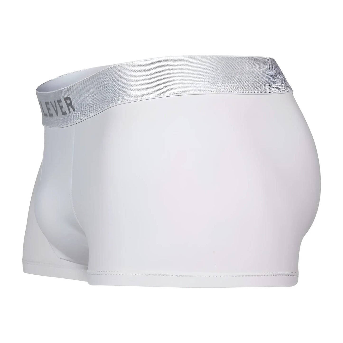 White boxer briefs clever 1752 victor trunks with silver elastic waistband featuring lever brand name