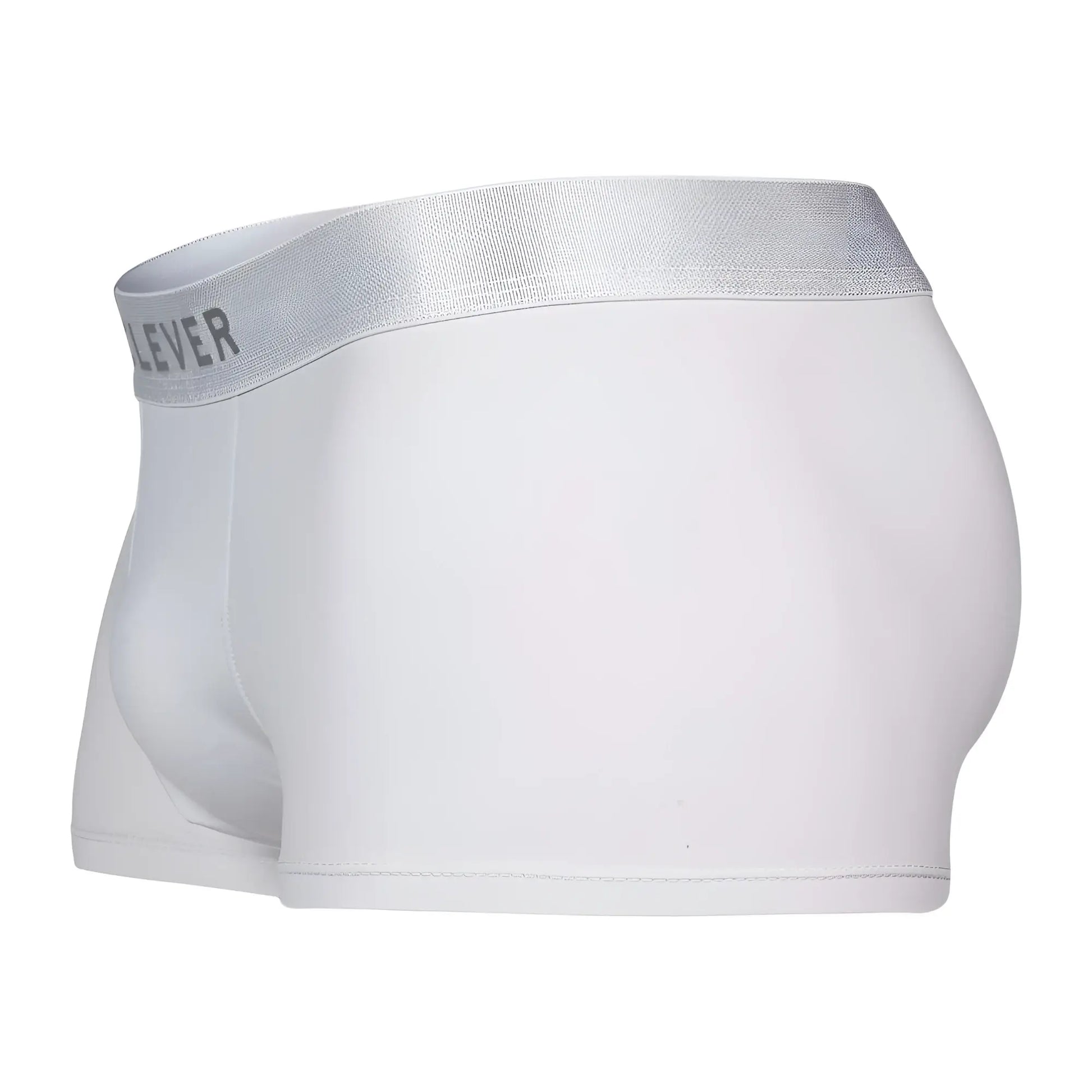 White boxer briefs clever 1752 victor trunks with silver elastic waistband featuring lever brand name