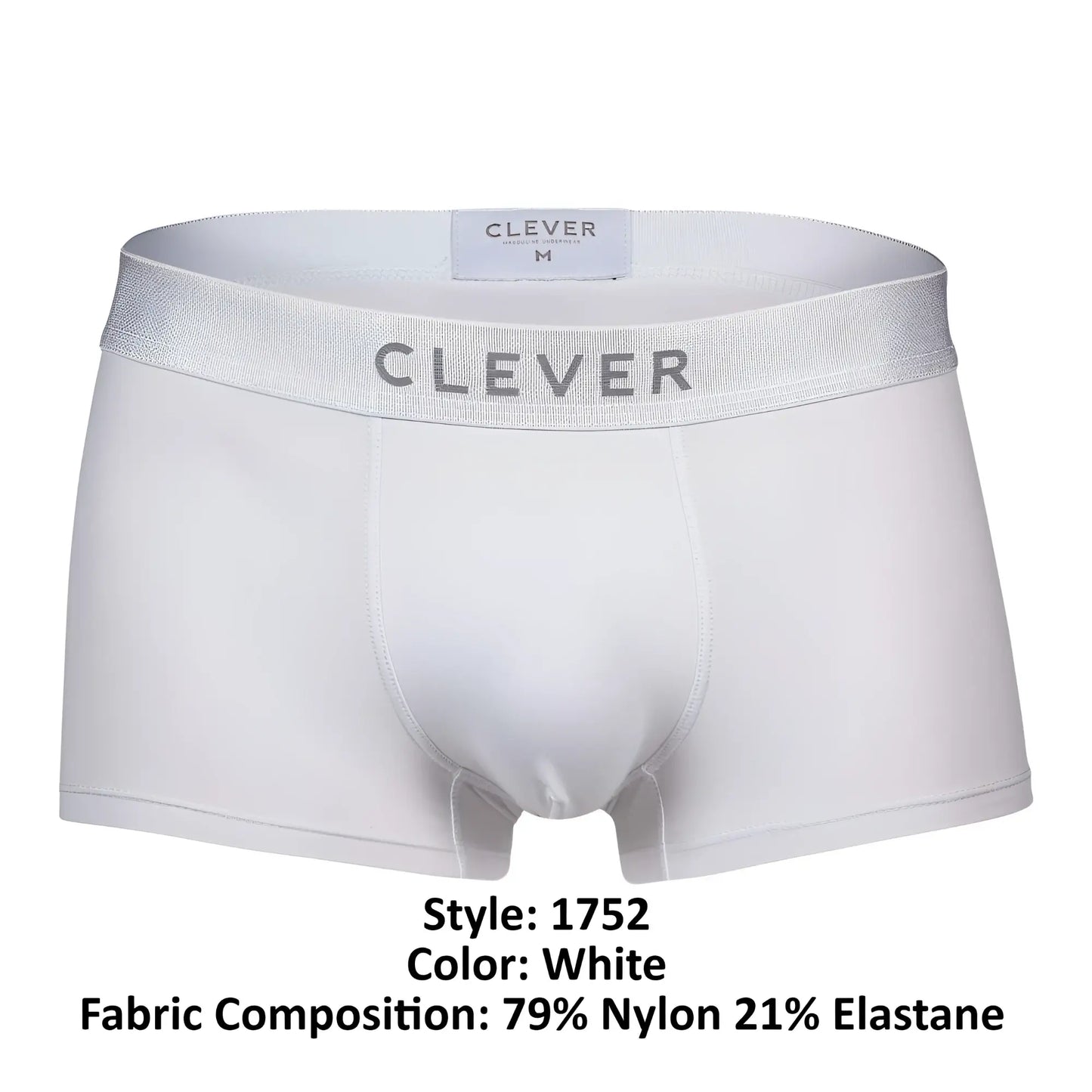 White men’s boxer briefs clever 1752 victor trunks with silver waistband made of 79 nylon 21 elastane in white