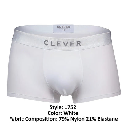 White men’s boxer briefs clever 1752 victor trunks with silver waistband made of 79 nylon 21 elastane in white