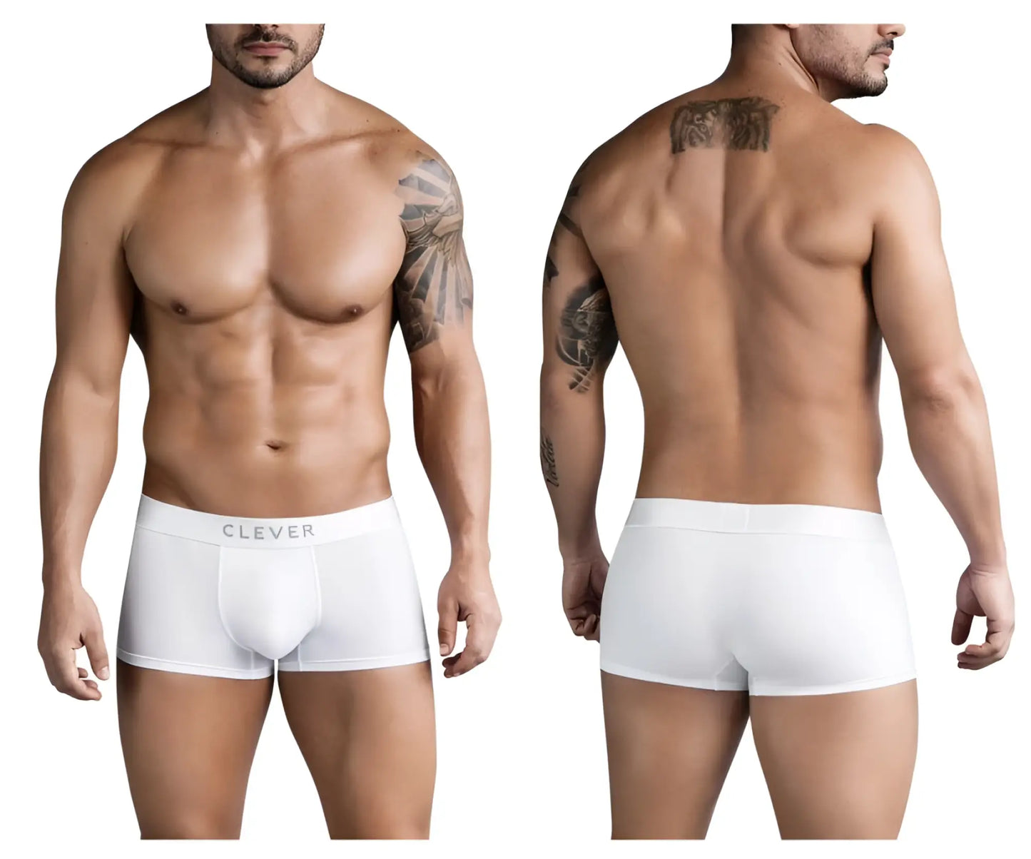 White men’s boxer briefs clever 1752 victor trunks with subtle clever logo on waistband in white color