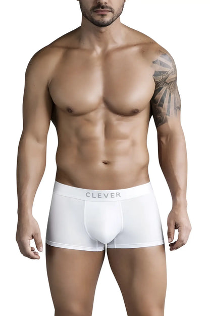 White men’s boxer briefs clever 1752 victor trunks with subtle clever logo waistband in white color