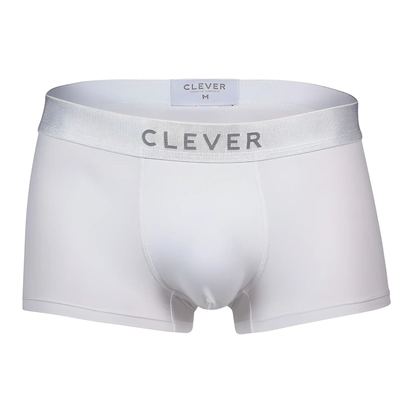 White clever 1752 victor trunks briefs with silver elastic waistband and metallic brand lettering