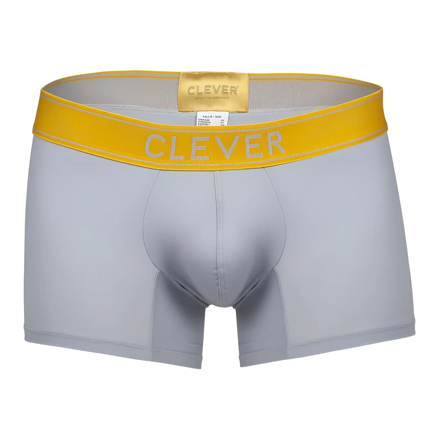 Gray boxer briefs with a bright yellow waistband featuring clever branding in white lettering from clever 1755 diseno trunks