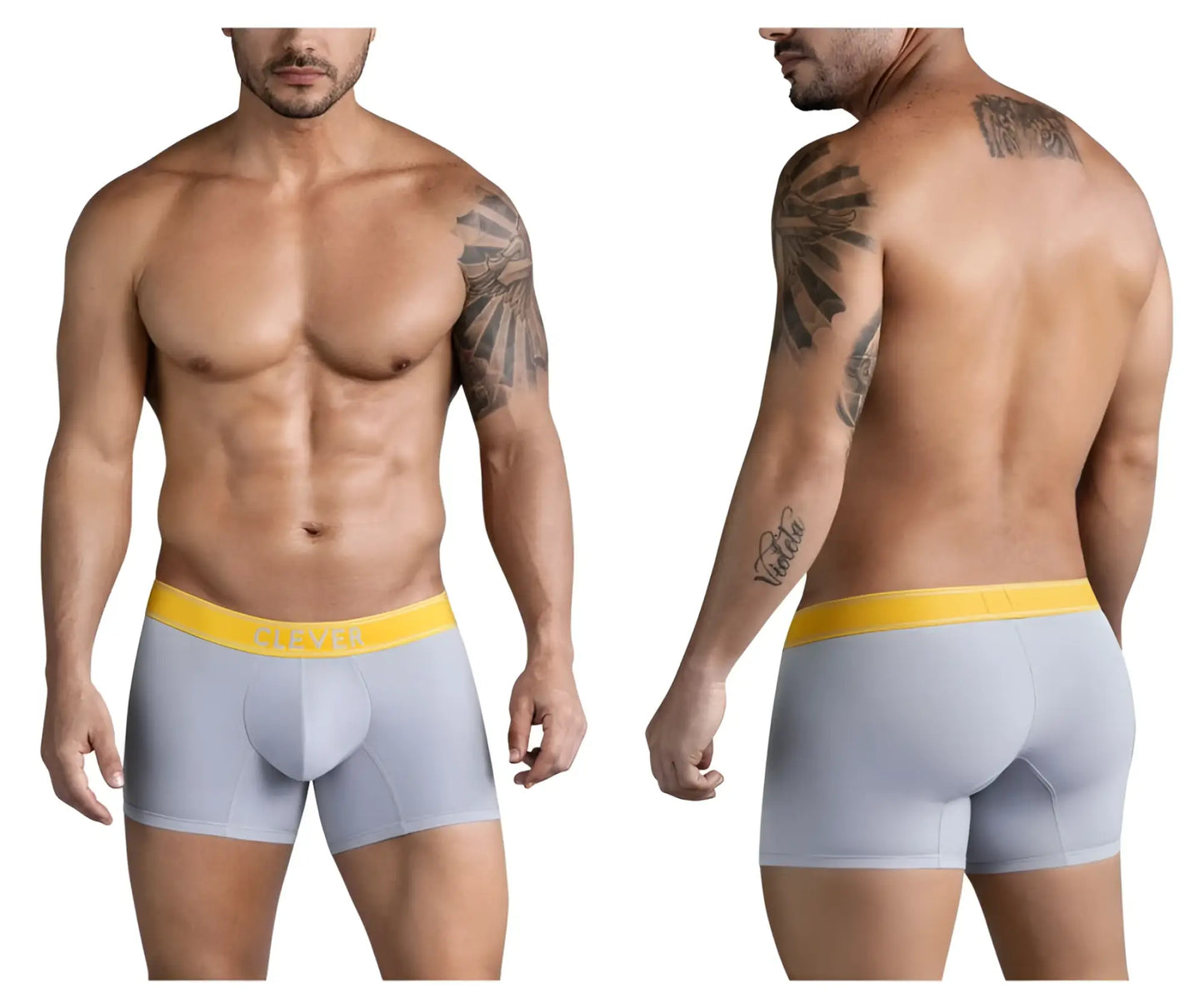 Light gray clever 1755 diseno trunks boxer briefs with bright yellow victor elastic waistband in front view