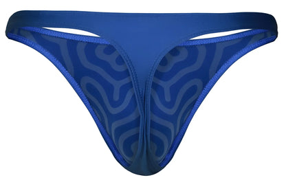Blue clever 1773 cactus thong with sheer patterned mesh design and solid fabric trim shown from the back side