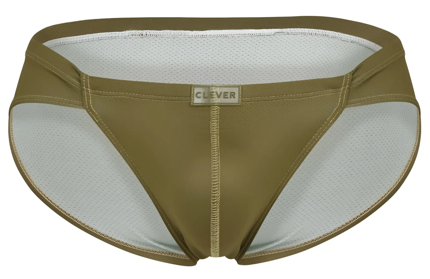 Olive green and white mesh briefs with clever brand label on the front designed for comfort and breathability