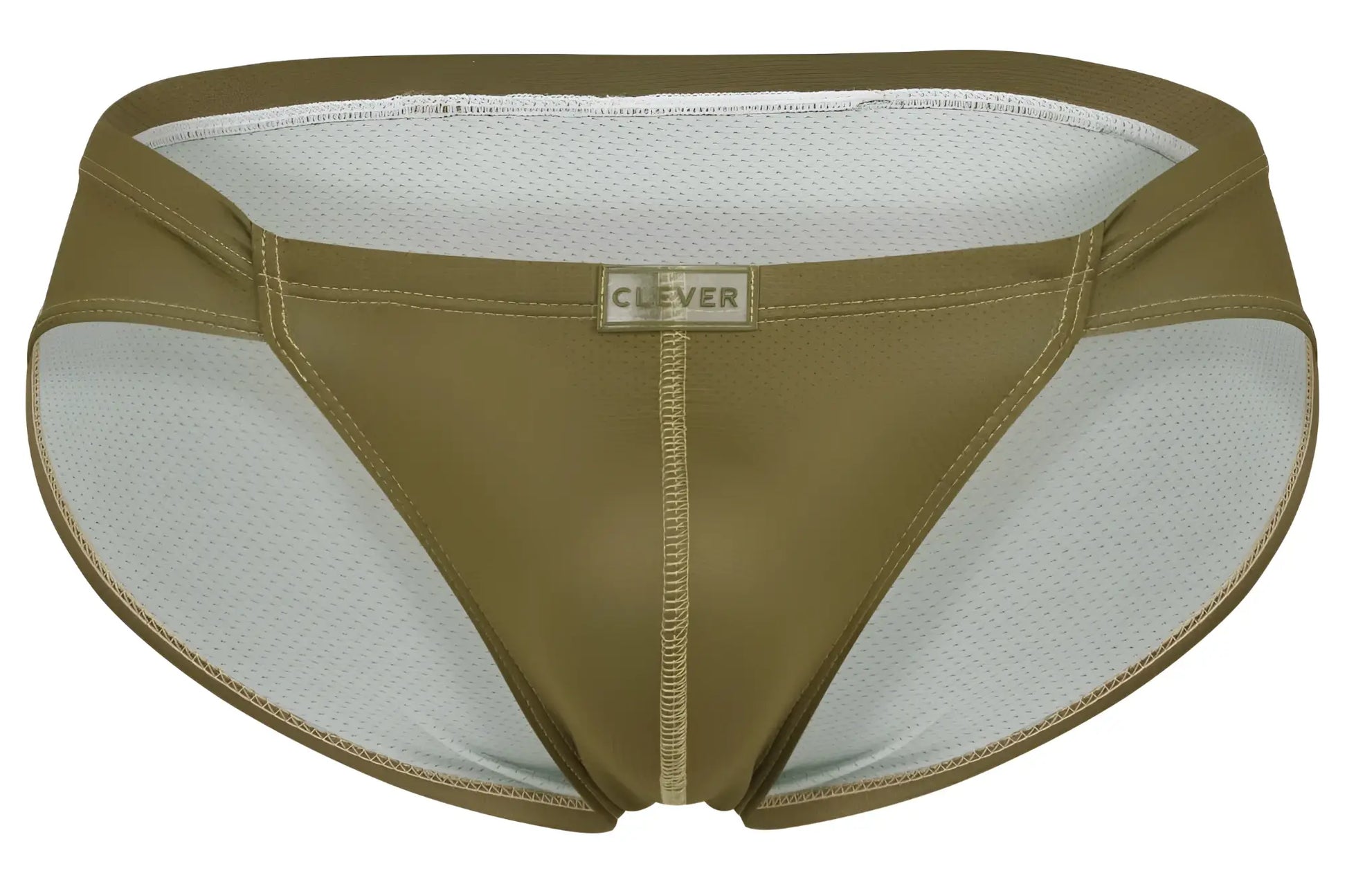 Olive green and white mesh briefs with clever brand label on the front designed for comfort and breathability
