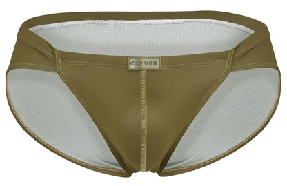 Olive green and white mesh briefs with clever brand label on the front designed for comfort and breathability