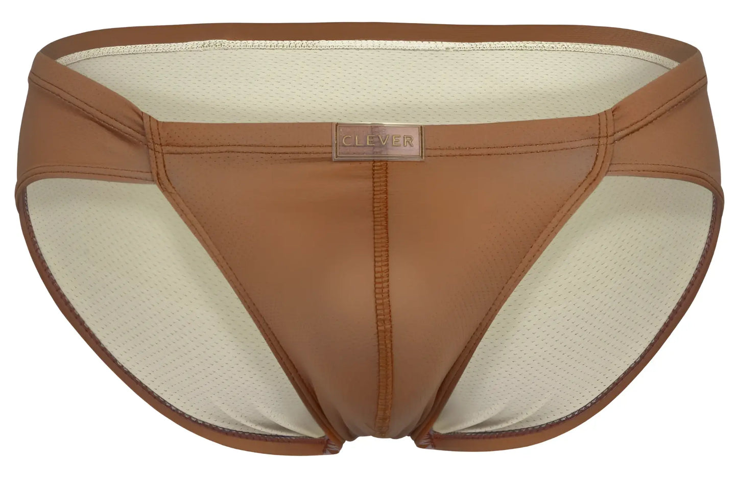 Brown leather like clever 1775 optimo briefs in ochre with beige mesh lining and clever brand label visible