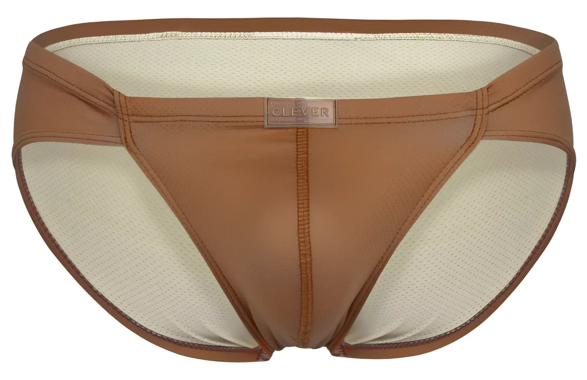 Brown leather like clever 1775 optimo briefs in ochre with beige mesh lining and clever brand label visible