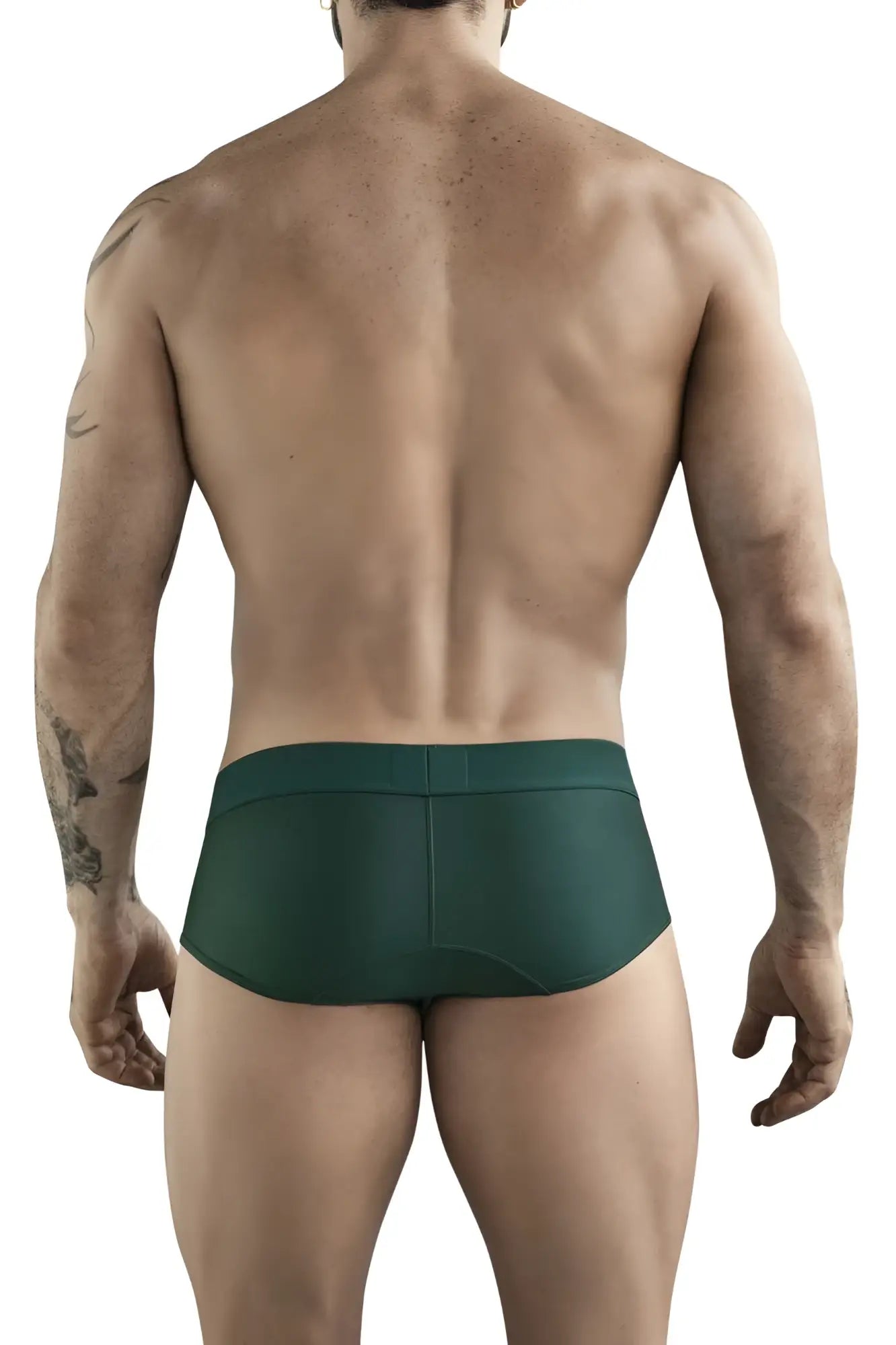 Dark green clever 1776 venecia briefs swim trunks with smooth stretchy fabric and subtle back seam detail shown from back