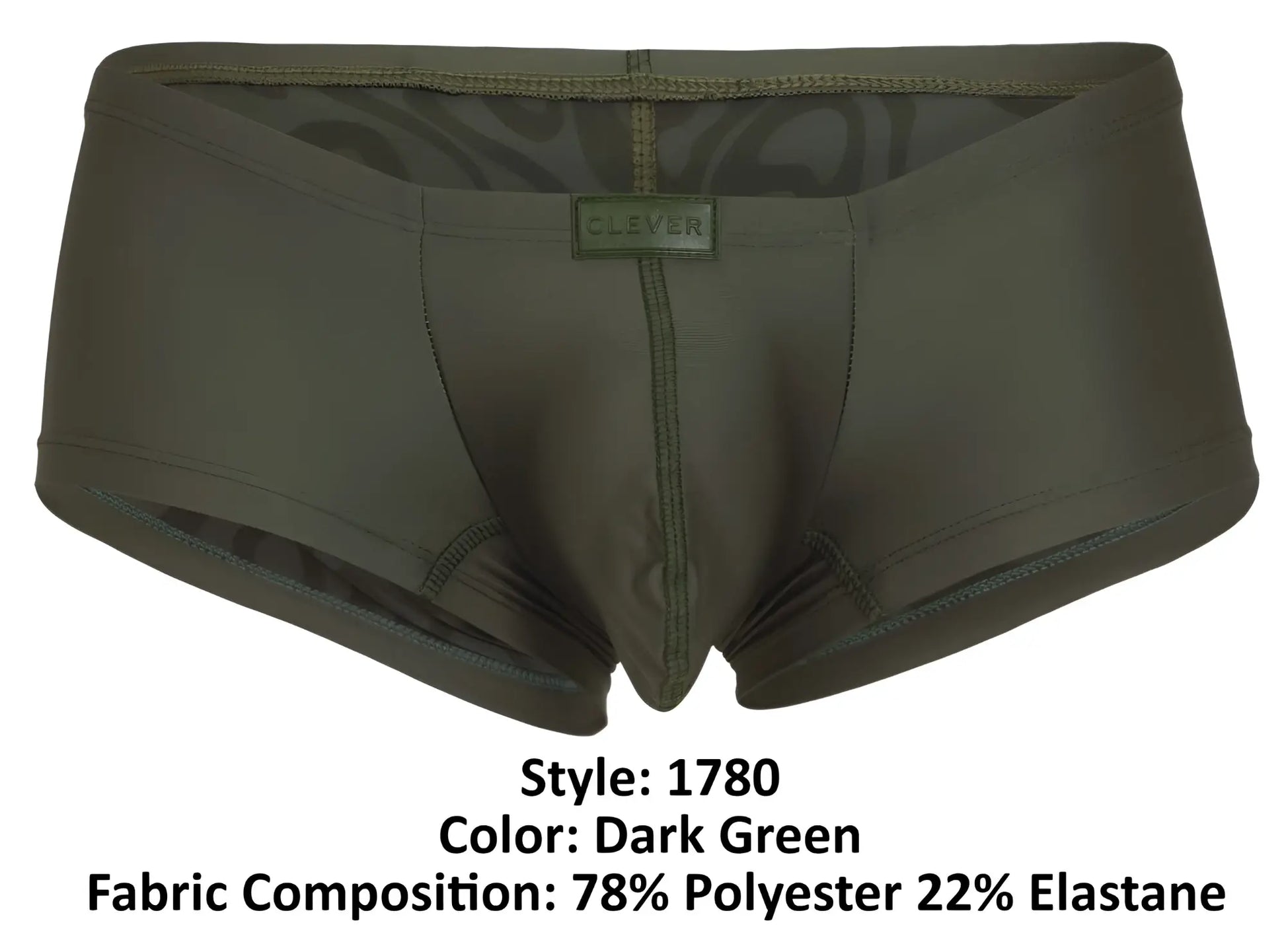 Dark green clever 1780 maya trunks made of 78 percent polyester 22 percent elastane with subtle camouflage lining