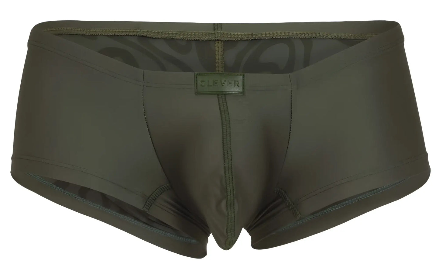 Olive green clever 1780 maya trunks men’s briefs with subtle patterned lining and branded label in dark green