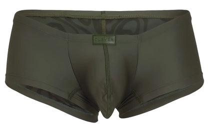 Olive green clever 1780 maya trunks men’s briefs with subtle patterned lining and branded label in dark green