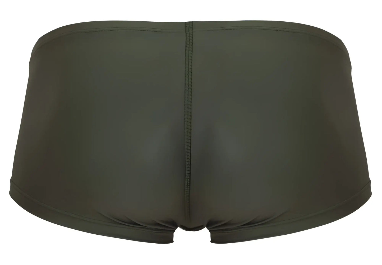 Dark olive green clever 1780 maya trunks back view with form-fitting smooth stretchy fabric and central seam