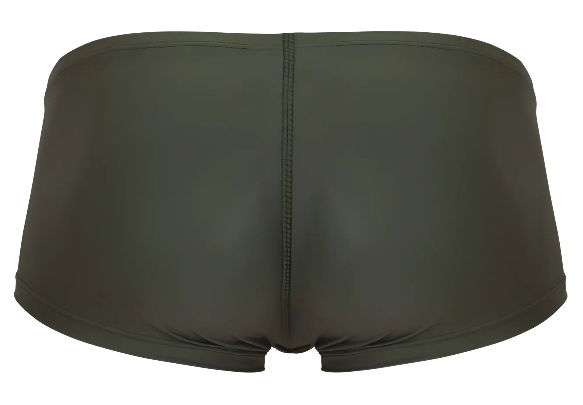Dark olive green clever 1780 maya trunks back view with form-fitting smooth stretchy fabric and central seam