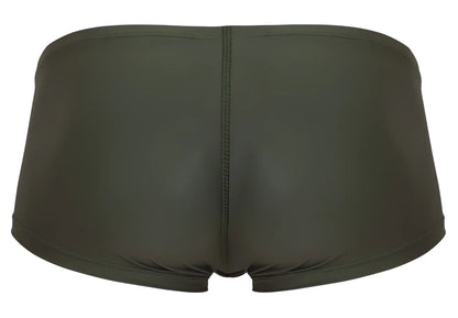 Dark olive green clever 1780 maya trunks back view with form-fitting smooth stretchy fabric and central seam