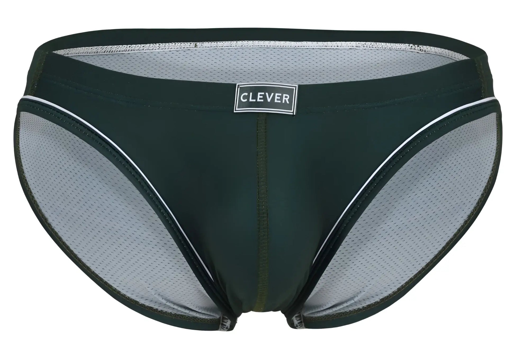 Dark green and gray mesh briefs with white trim featuring clever brand label on waistband for comfortable wear