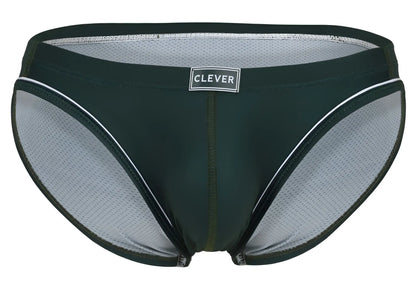 Dark green and gray mesh briefs with white trim featuring clever brand label on waistband for comfortable wear
