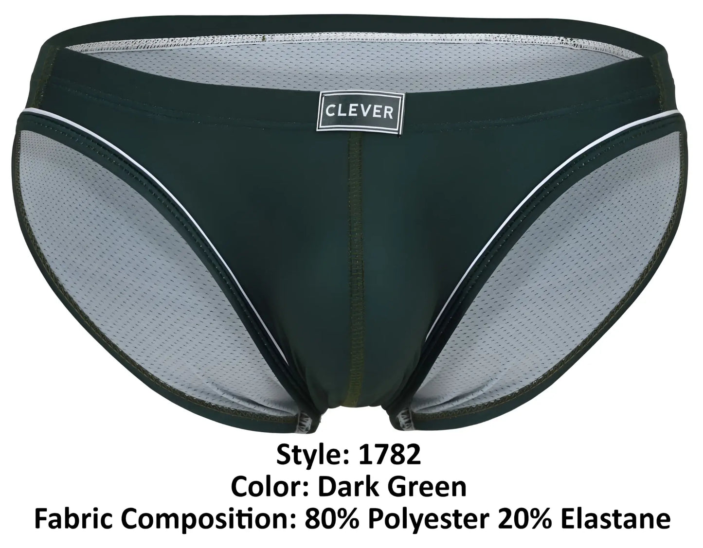 Dark green clever 1782 argovia men’s briefs with mesh panel white trim and clever brand label on front side