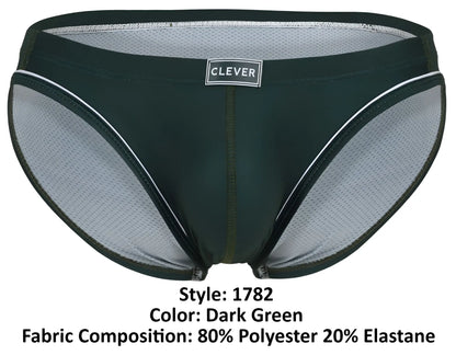 Dark green clever 1782 argovia men’s briefs with mesh panel white trim and clever brand label on front side