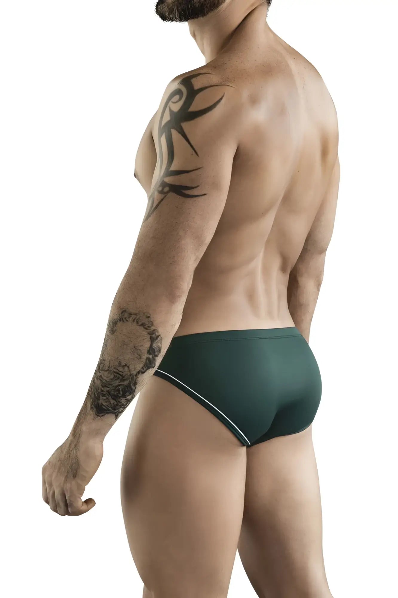 Dark green clever 1782 argovia briefs swim trunks with subtle white trim along the waistband for swimming use