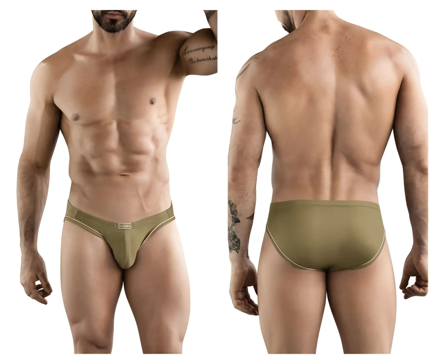 Olive green clever 1782 argovia briefs with subtle gold trim on waistband and leg openings for athletic wear