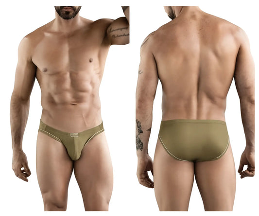 Olive green clever 1782 argovia briefs with subtle gold trim on waistband and leg openings for athletic wear