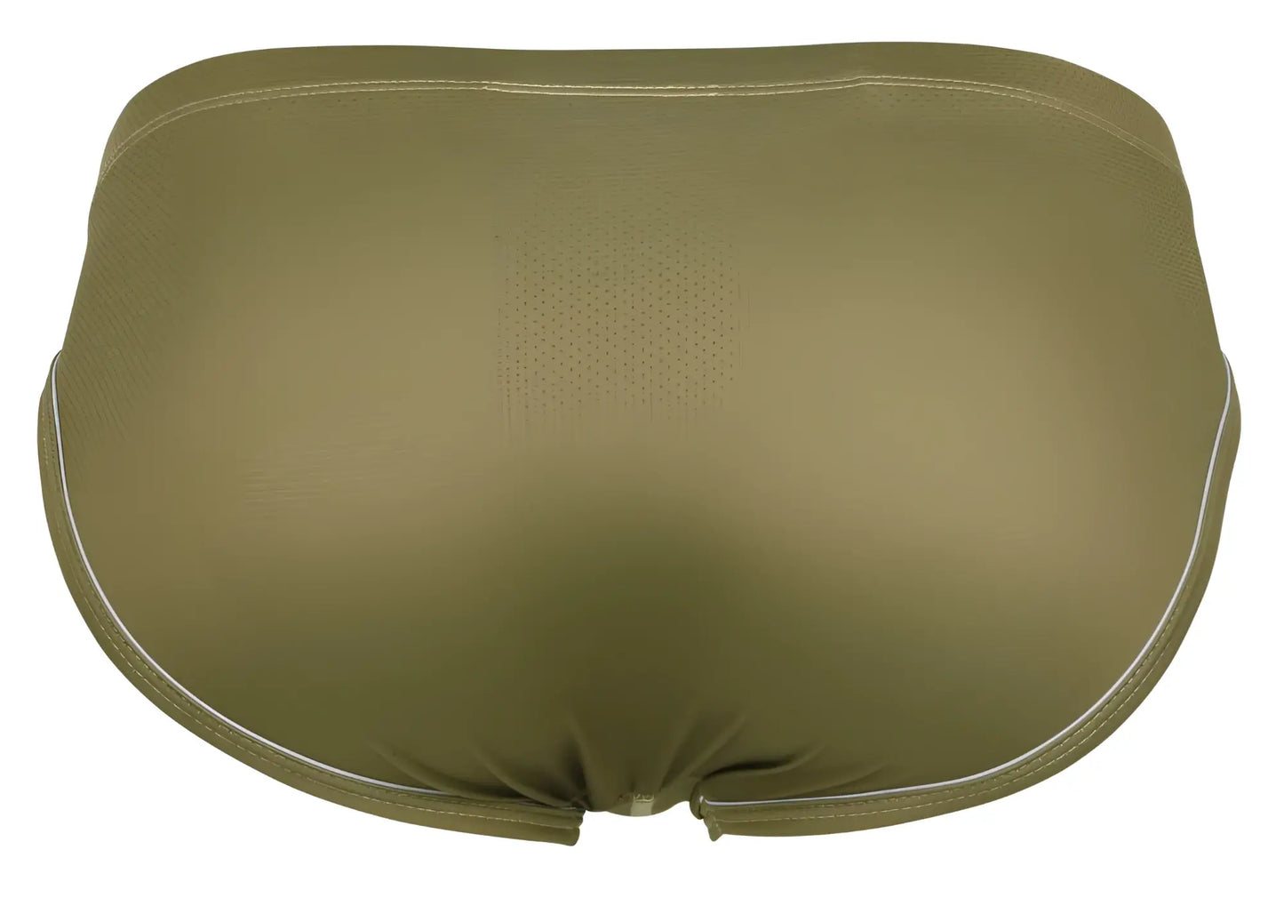 Olive green clever 1782 argovia briefs swim trunks with white stitching along waistband and leg openings