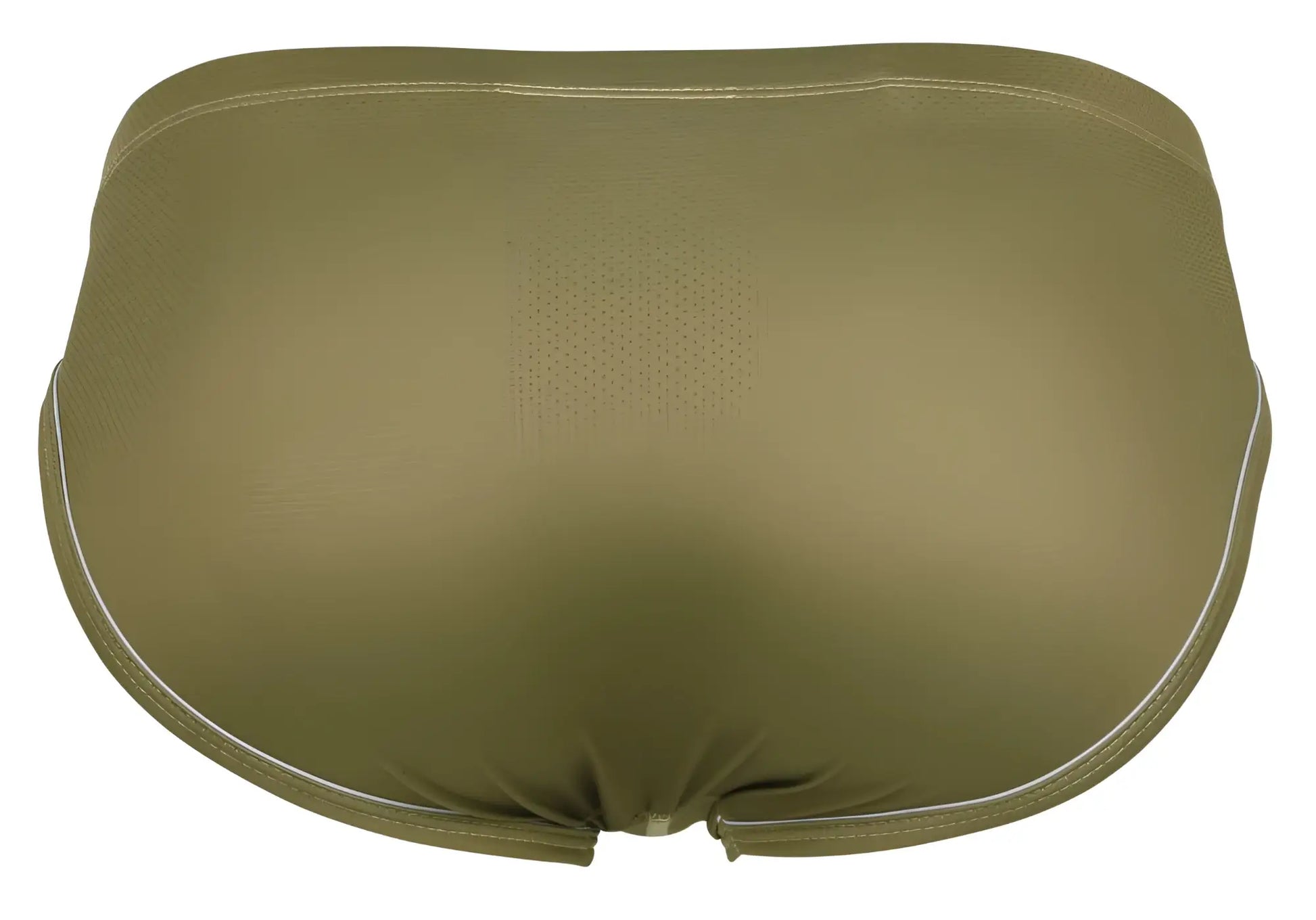 Olive green clever 1782 argovia briefs swim trunks with white stitching along waistband and leg openings
