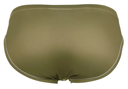 Olive green clever 1782 argovia briefs swim trunks with white stitching along waistband and leg openings