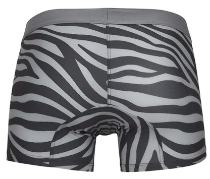 Black and white zebra-striped men’s boxer briefs with gray waistband clever 1800 cebra trunks color gray