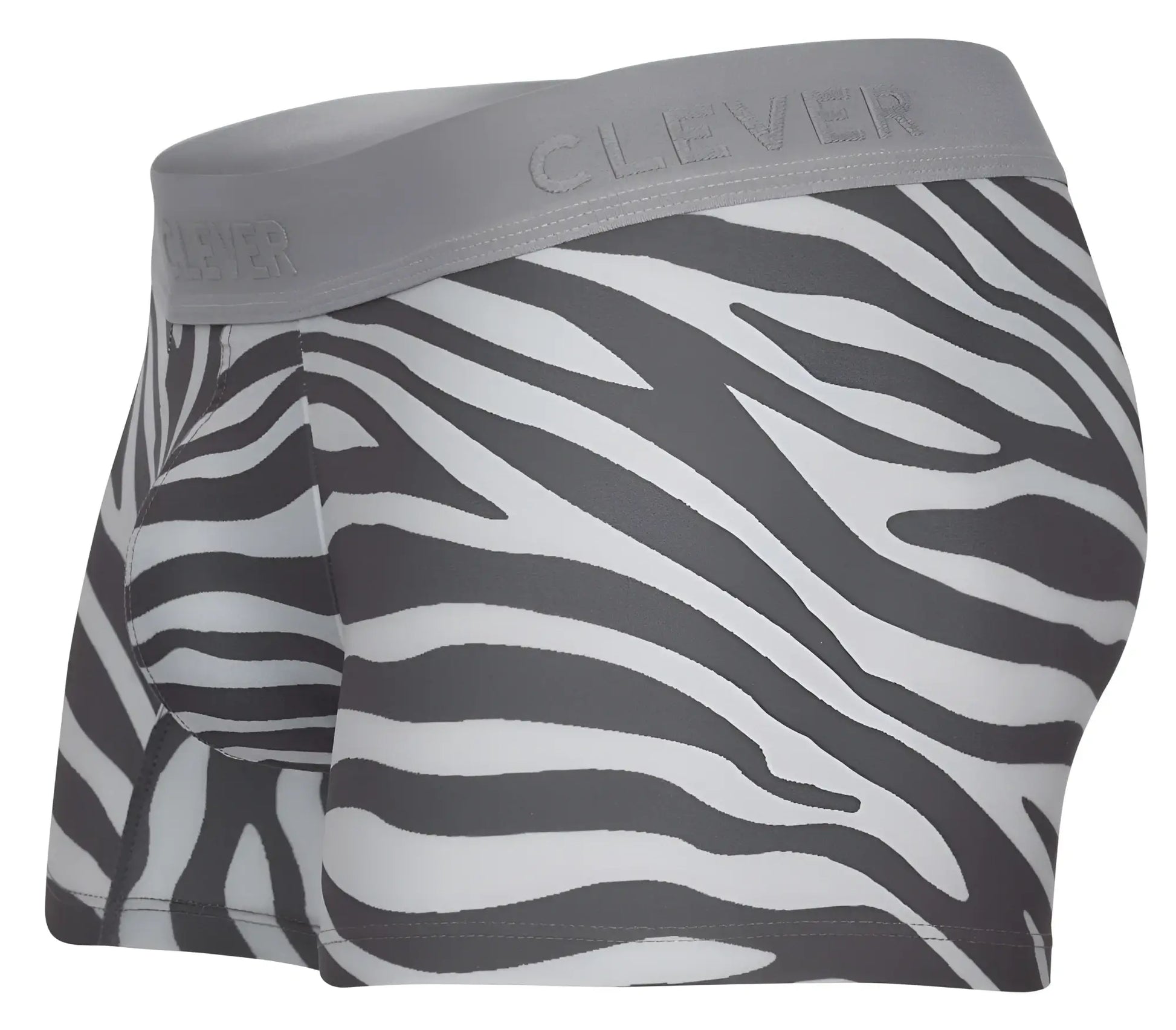 Gray and white zebra-print boxer briefs with gray elastic waistband branded clever in clever 1800 cebra trunks gray
