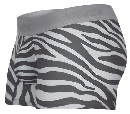 Gray and white zebra-print boxer briefs with gray elastic waistband branded clever in clever 1800 cebra trunks gray