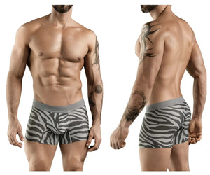 Gray and white zebra-striped boxer briefs with gray elastic waistband from Clever 1800 Cebra trunks color gray collection