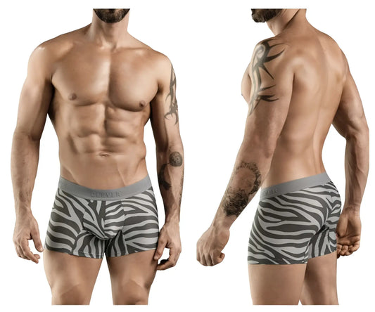 Gray and white zebra-striped boxer briefs with gray elastic waistband from Clever 1800 Cebra trunks color gray collection