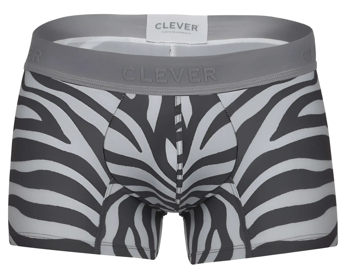 Gray and white zebra-striped clever 1800 cebra trunks men’s boxer briefs with gray elastic waistband and clever label