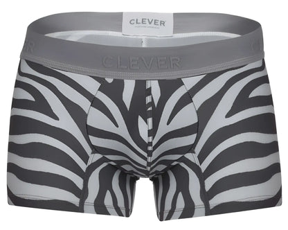 Gray and white zebra-striped clever 1800 cebra trunks men’s boxer briefs with gray elastic waistband and clever label