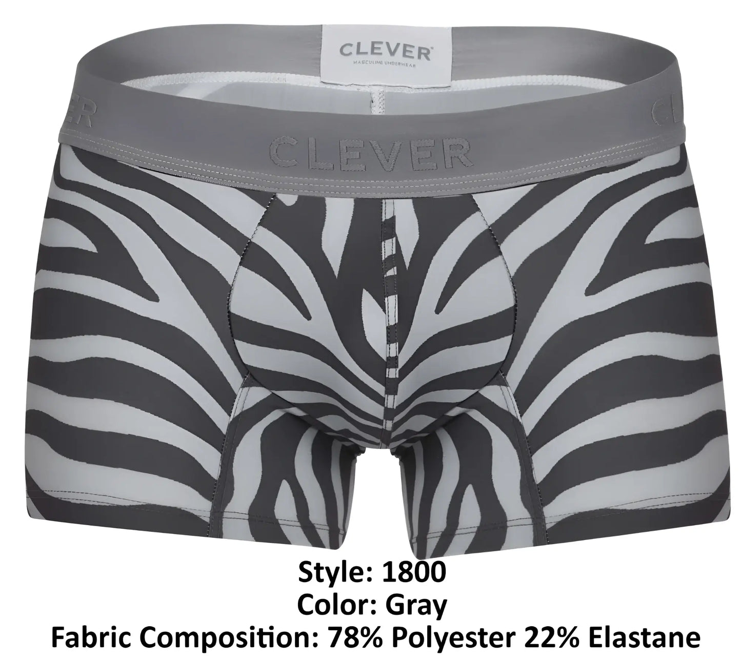 Gray zebra-print clever 1800 cebra trunks boxer briefs with gray elastic waistband featuring clever branding
